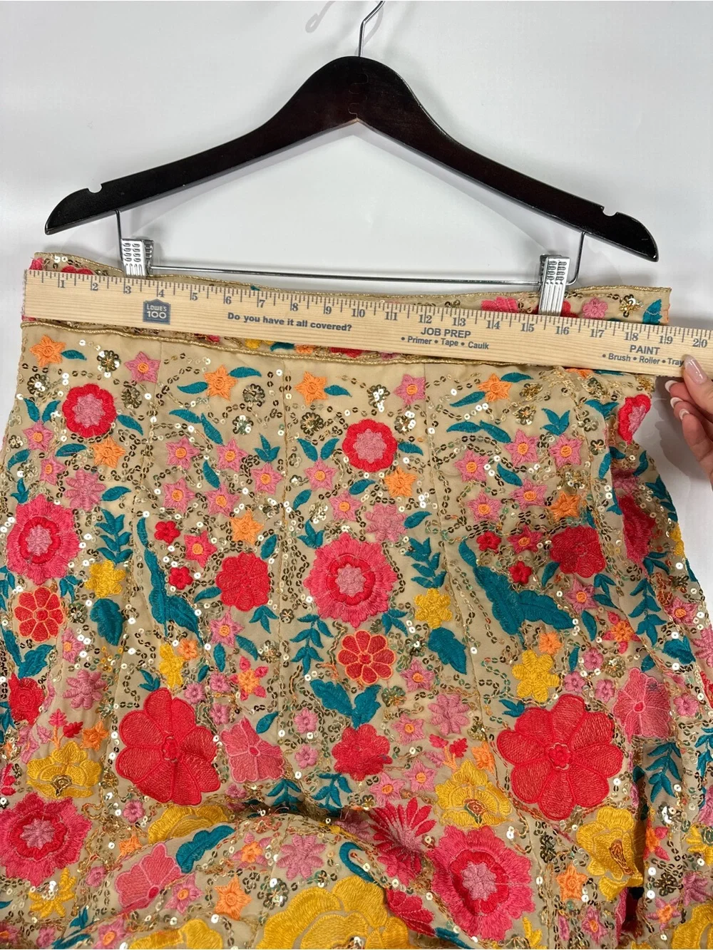 Lehenga Maxi Skirt Floral Embroidered Sequin Beige Multi Adjustable Tie Up Waist - Picture 12 of 13